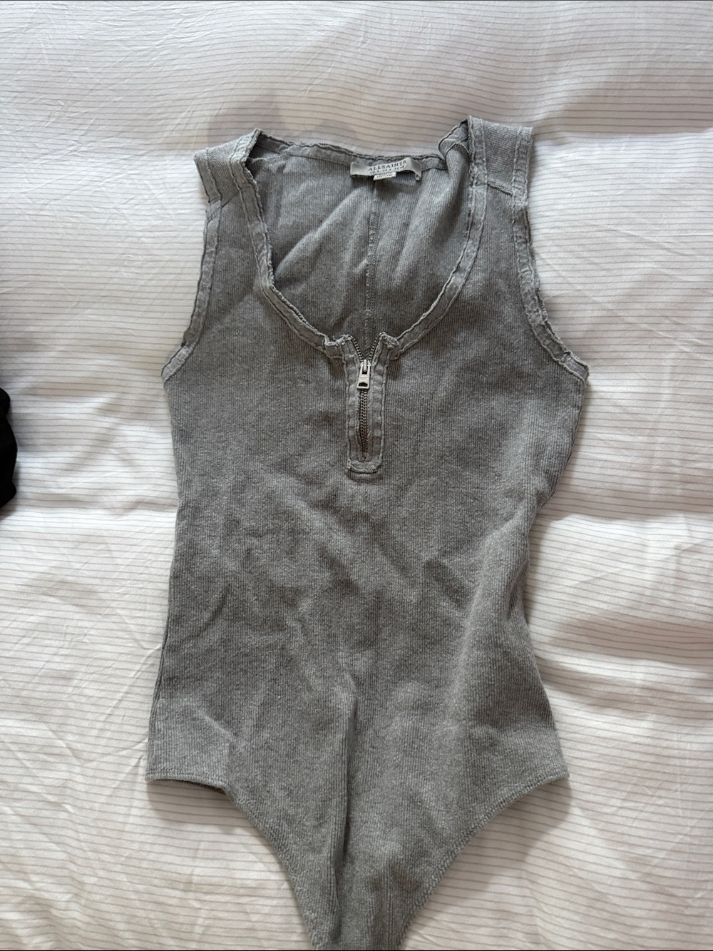 AllSaints Grey Ribbed Zip-Front Sleeveless Bodysuit